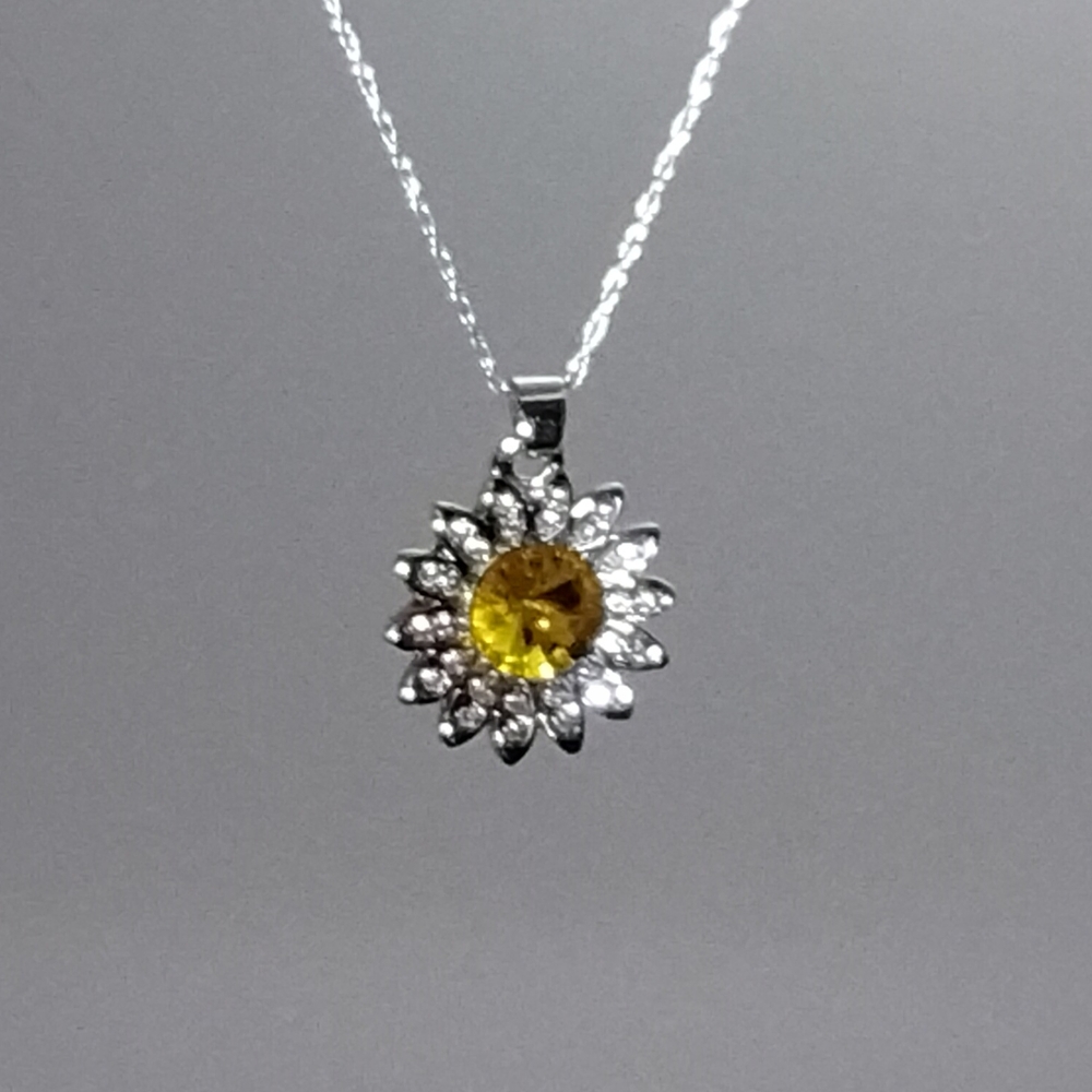Elegant Silver and Yellow Sunflower Pendant Necklace